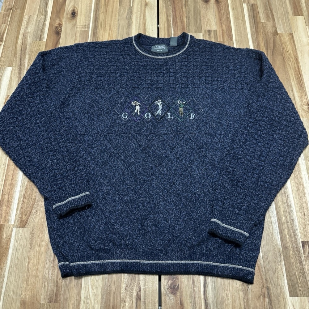 Vintage Haggar Tour Sweater Mens L Blue Golf Embroidered Knit Crewneck Grandpa
